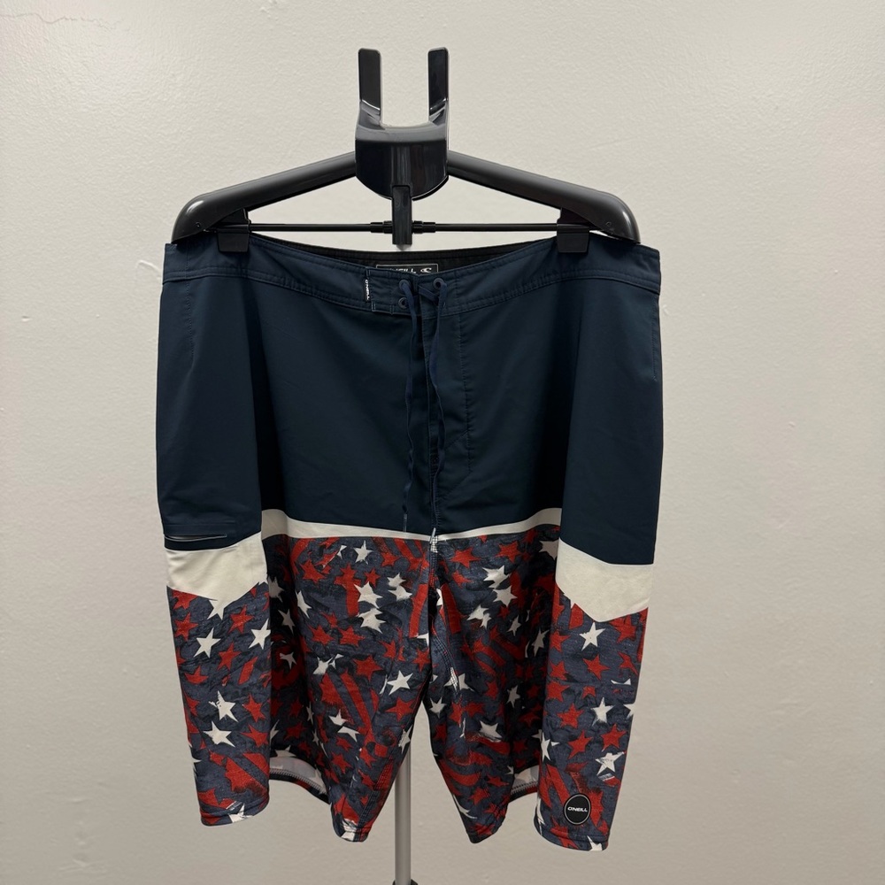 O’Neill Hyperfreak Board Shorts Men 44 Navy Patriotic USA Flag Stretch Surf Swim - Picture 1 of 13